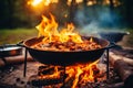 Cooking delicious food in a pot over a campfire outdoors with rustic charm and smoky flavors