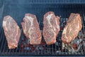 Cooking delicious grilling beef steaks on a grill