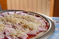 cooking delicious pizza with slices of sausage and cheese close-up Royalty Free Stock Photo
