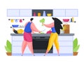 Cooking dinner together at home flat vector illustration. Male and female characters slicing salads and making snacks.