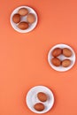 Cooking dish with eggs. Vertical shot of brown eggs.