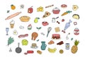 Cooking doodles, kitchen elements vector set. Cute colorful doodle illustrations collection of utensils, kitchenware, food, meal Royalty Free Stock Photo