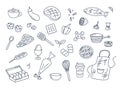 Cooking doodles vector set of isolated elements. Cute doodle illustrations collection of utensils, kitchenware, food Royalty Free Stock Photo