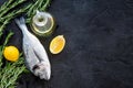 Cooking dorado fish. Black background top view copyspace Royalty Free Stock Photo