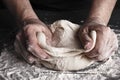 Cooking dough by elderly woman cook hands for homemade pastry bread, pizza, pasta recipe preparation on table background