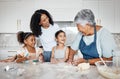 Cooking dough, learning and family with kids in kitchen baking dessert or pastry. Education, care and mother and grandma Royalty Free Stock Photo