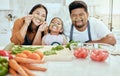 Cooking, family and comic portrait in kitchen for crazy, goofy and silly fun together with smile. Food, asian and