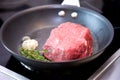 Cooking fillet of beef steak cooking in a frying pan. Royalty Free Stock Photo