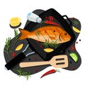Cooking fish dorado, tuna, trout, vector cartoon top view illustration. Grill pan with sea bream, spices, ingredients Royalty Free Stock Photo