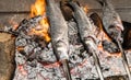 Cooking fish grilled over hot coals bonfire Royalty Free Stock Photo