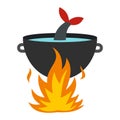 Cooking fish soup on a fire icon, flat style
