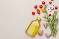 Cooking food background. Fresh rosemary, garlic clove, olive oil, black pepper Royalty Free Stock Photo