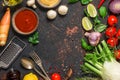 Cooking food composition. Frame made of fresh vegetables, spices, herbs and sauces with cutlery and utensil. Keto diet Royalty Free Stock Photo