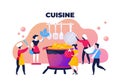 Cooking food concept. Adult cartoon trendy characters bringing ingredients and preparing meals. Vector food eating and