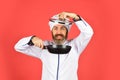 Cooking food concept. High quality frying pan. Bearded cook uniform Man hold cooking pan. Cooking like pro. Easy cheap Royalty Free Stock Photo