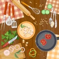 Cooking food kitchenware on the table top view Royalty Free Stock Photo