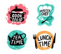 Cooking food lettering. Kitchen utensils with text for culinary master class, cafe or restaurant emblems. Saucepan with