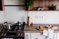 Cooking food on modern kitchen with steel oven, pots, knife on wooden cutting board with vegetables, pepper, spices,oil on wooden Royalty Free Stock Photo