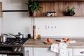 Cooking food on modern kitchen with steel oven, pots, knife on wooden cutting board with vegetables, pepper, spices,oil on wooden Royalty Free Stock Photo