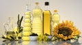 Cooking and food oil products, Extra virgin olive, sunflower seed, rapeseed oil Royalty Free Stock Photo