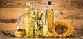 Cooking and food oil products, Extra virgin olive, sunflower seed, rapeseed oil Royalty Free Stock Photo