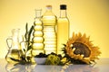 Cooking and food oil products, Extra virgin olive, sunflower seed, rapeseed oil Royalty Free Stock Photo