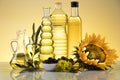 Cooking and food oil products, Extra virgin olive, sunflower seed, rapeseed oil Royalty Free Stock Photo