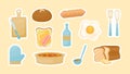 Cooking food stickers. Delicious scrambled eggs with sliced loaf bread