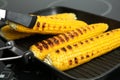 Cooking fresh corn cobs on grill pan Royalty Free Stock Photo