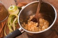 Cooking fresh diced apples to make a sauce