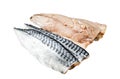 Cooking of fresh raw mackerel fillet fish on a cutting board. Isolated, white background. Royalty Free Stock Photo