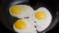 Cooking fried eggs in a pan. Three egg whites and yolks. Omelet for breakfast. Royalty Free Stock Photo