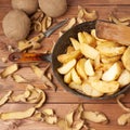 Cooking fried french potatoes composition Royalty Free Stock Photo