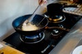 Cooking fried Japanese pork Tonkatsu homemade cutlet, during cook on heat oil on pan.