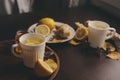 Cooking ginger, lemon and honey hot tea at home. Royalty Free Stock Photo