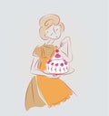 Cooking girl vector illustration with cake isolated doodle sketch