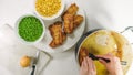 Cooking golden batter deep fried fish fillet. Fresh raw sea bass fillet and some ingredients, as flour, eggs,  and bread crumbs Royalty Free Stock Photo