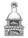 Stone garden stove with fire and firewood. Cooking grill food, barbecue sketch vintage illustration engraving style