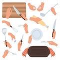 Cooking hands. Female hands holding kitchen accessories, utensils and tableware, food preparation cutting and baking