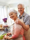 Cooking, health and portrait of old couple in kitchen for salad, love and nutrition. Happy, smile and retirement with Royalty Free Stock Photo