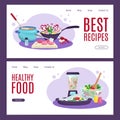 Cooking healthy food with best recipes, landing banner set, vector illustration. Cook restaurant cuisine at kitchen Royalty Free Stock Photo