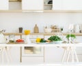 Healthy food for cooking italian pasta and vegetables on kitchen table in modern light apartment Royalty Free Stock Photo