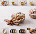 Cooking pumpkin muffins with oatmeal and nuts, collage, do it yourself, step by step, ingredients, cooking steps, final Royalty Free Stock Photo