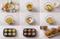 Cooking pumpkin muffins with oatmeal and nuts, collage, do it yourself, step by step, ingredients, cooking steps, final Royalty Free Stock Photo