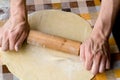 Cooking and home concept - close up of male hands kneading dough Royalty Free Stock Photo