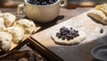 Cooking homemade blueberry dumplings. Ready dumplings and ingredients Royalty Free Stock Photo