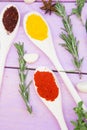 Cooking Hot Spicy Food Concept. Dry spices,beans and herbs in plastic cup, glass jar with cork and wooden spoon, purple wooden bac Royalty Free Stock Photo