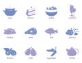 Cooking icons and labels. Icons for recipe books include logos desserts, salads, pastries, fish, meat, chicken, drinks, vegetables