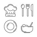 Cooking icons. Spoon, fork, knife, cooking pan, plates. Vector icons