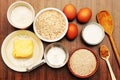 Cooking ingredients for oatmeal biscuits.